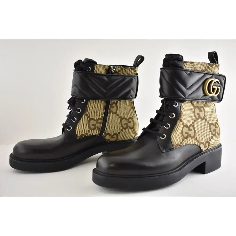 Gucci Marmont Black Leather Beige GG Coated Canvas Logo Print Combat Boots 38